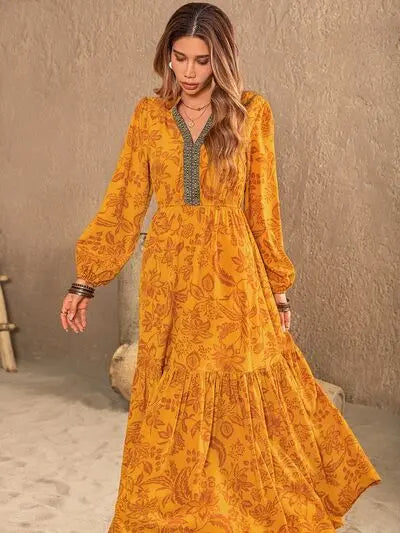 Printed Notched Balloon Sleeve Dress Trendsi