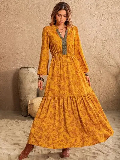 Printed Notched Balloon Sleeve Dress Trendsi