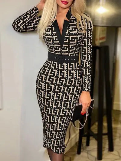 Printed Notched Long Sleeve Wrap Dress BLUE ZONE PLANET