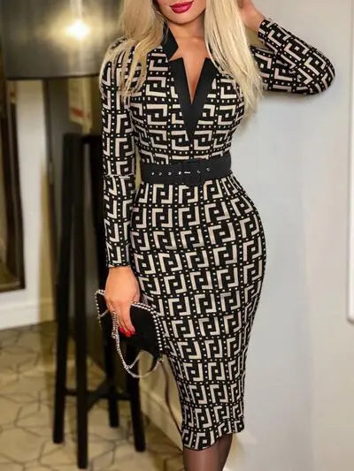 Printed Notched Long Sleeve Wrap Dress BLUE ZONE PLANET