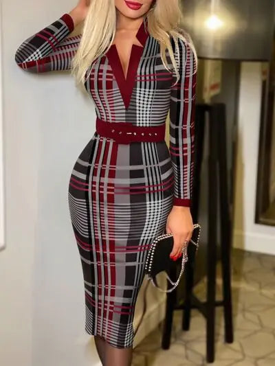 Printed Notched Long Sleeve Wrap Dress BLUE ZONE PLANET
