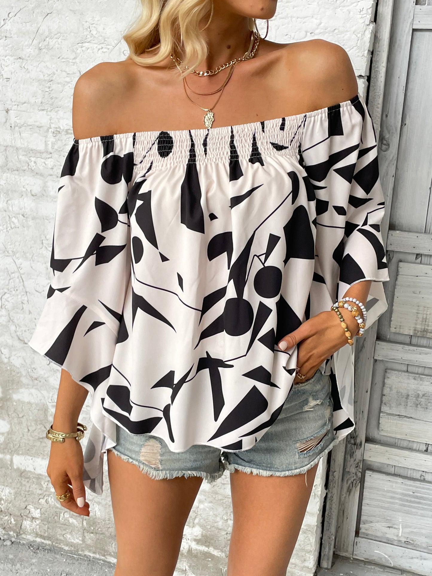 Printed Off-Shoulder Bell Sleeve Blouse BLUE ZONE PLANET