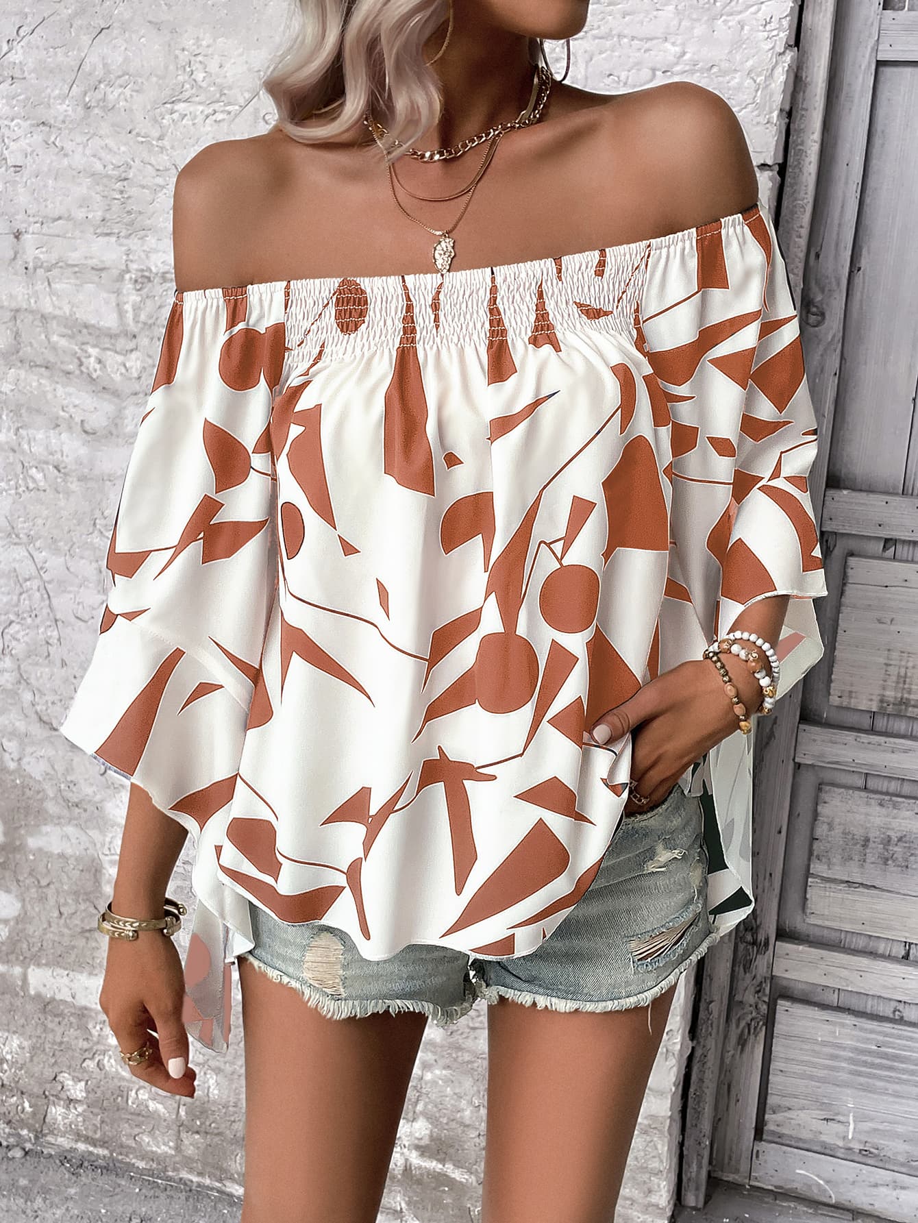 Printed Off-Shoulder Bell Sleeve Blouse BLUE ZONE PLANET