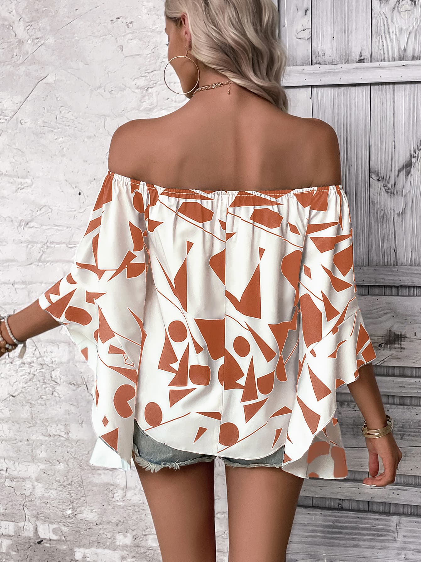 Printed Off-Shoulder Bell Sleeve Blouse BLUE ZONE PLANET