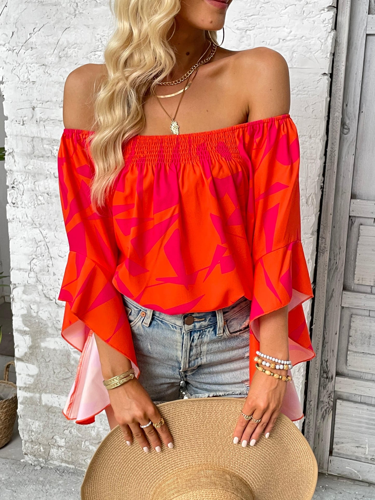 Printed Off-Shoulder Bell Sleeve Blouse BLUE ZONE PLANET