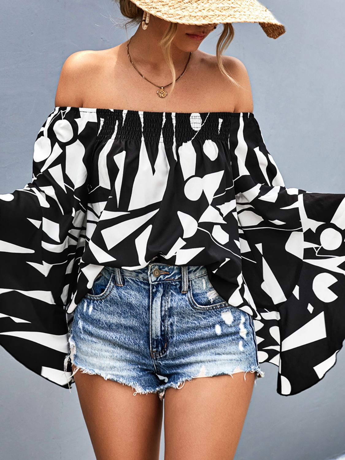 Printed Off-Shoulder Bell Sleeve Blouse BLUE ZONE PLANET
