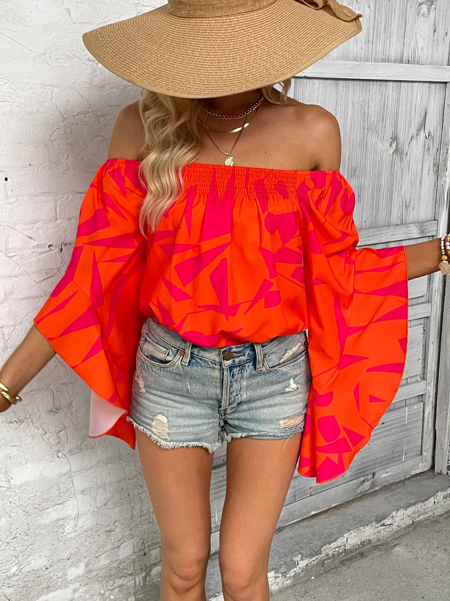 Printed Off-Shoulder Bell Sleeve Blouse BLUE ZONE PLANET
