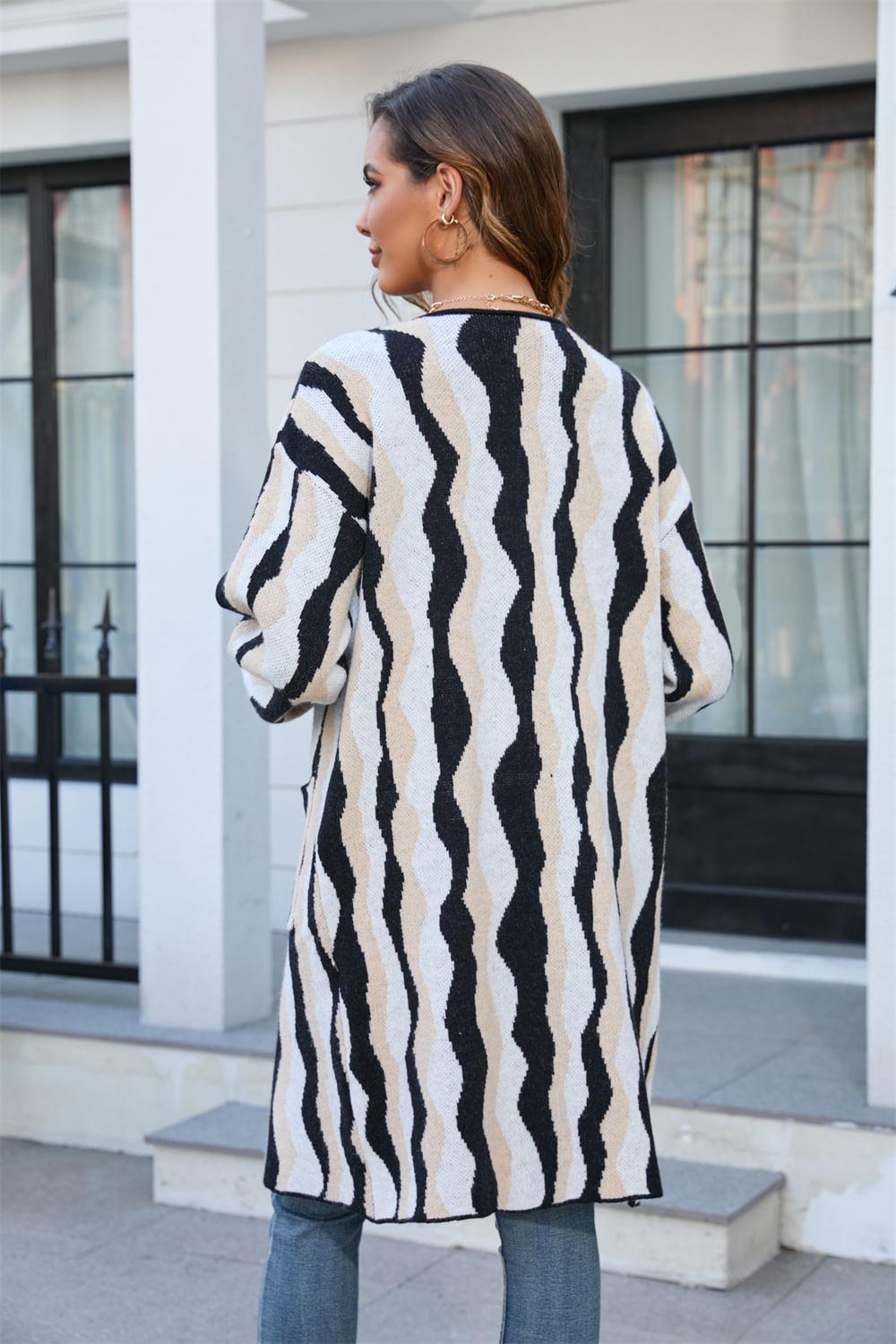 Printed Open Front Pocketed Cardigan BLUE ZONE PLANET