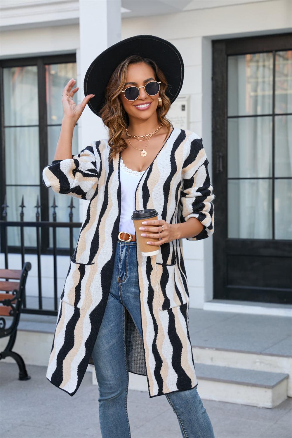 Printed Open Front Pocketed Cardigan BLUE ZONE PLANET