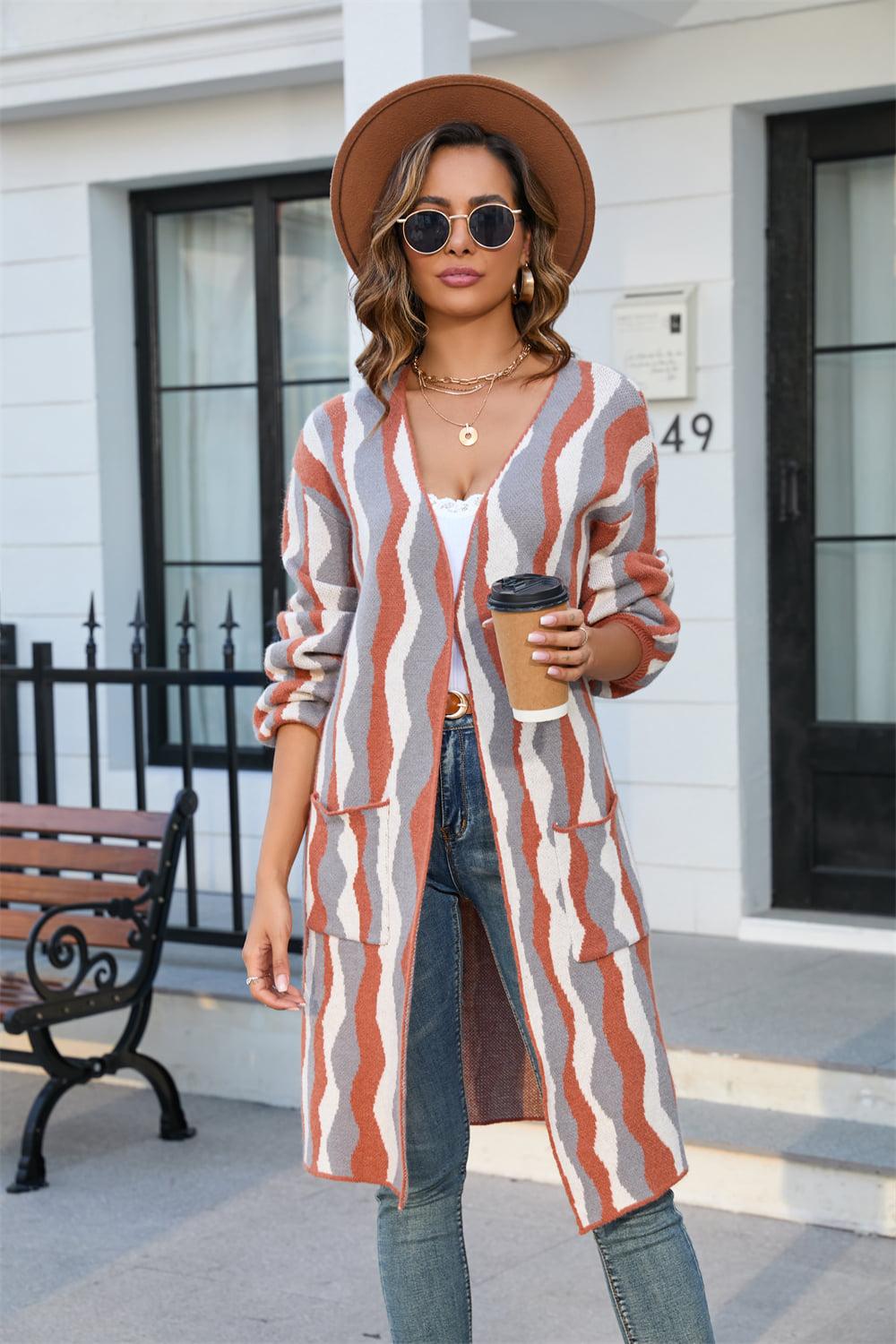 Printed Open Front Pocketed Cardigan BLUE ZONE PLANET