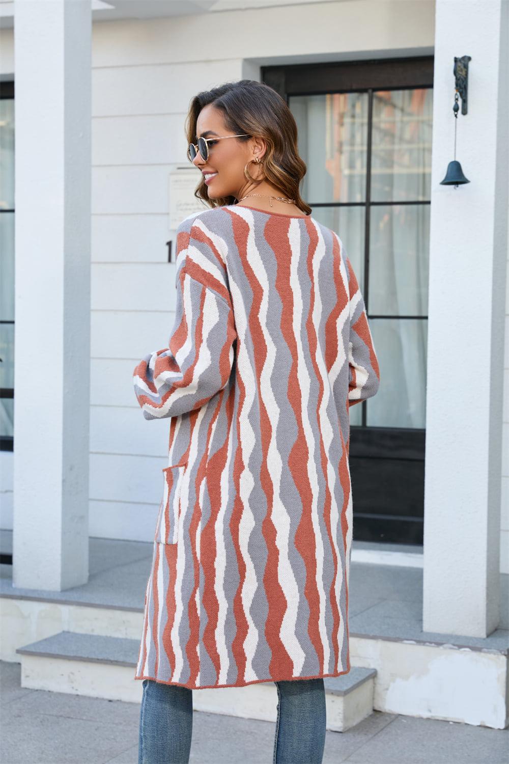 Printed Open Front Pocketed Cardigan BLUE ZONE PLANET
