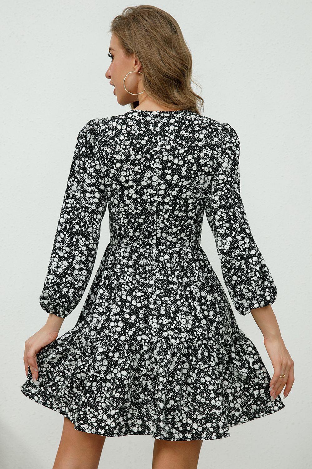 Printed Plunge Neck Flounce Sleeve Mini Dress BLUE ZONE PLANET
