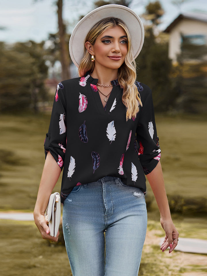Printed Roll-Tab Sleeve Notched Neck Blouse BLUE ZONE PLANET