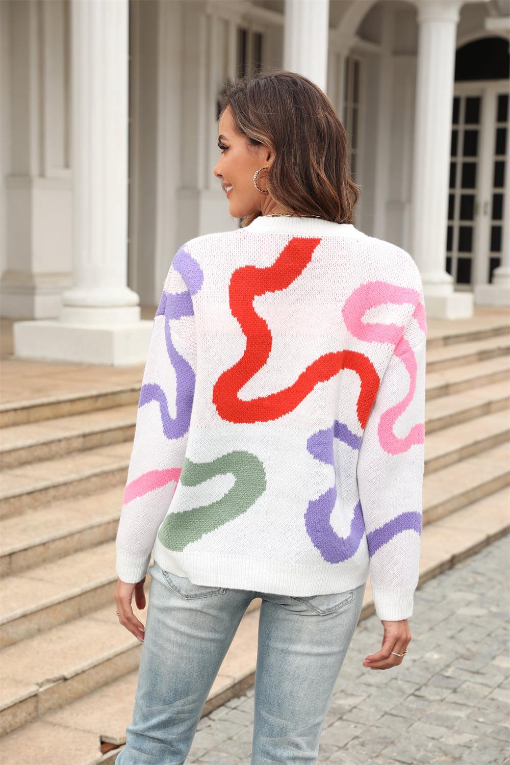 Printed Round Neck Dropped Shoulder Pullover Sweater BLUE ZONE PLANET