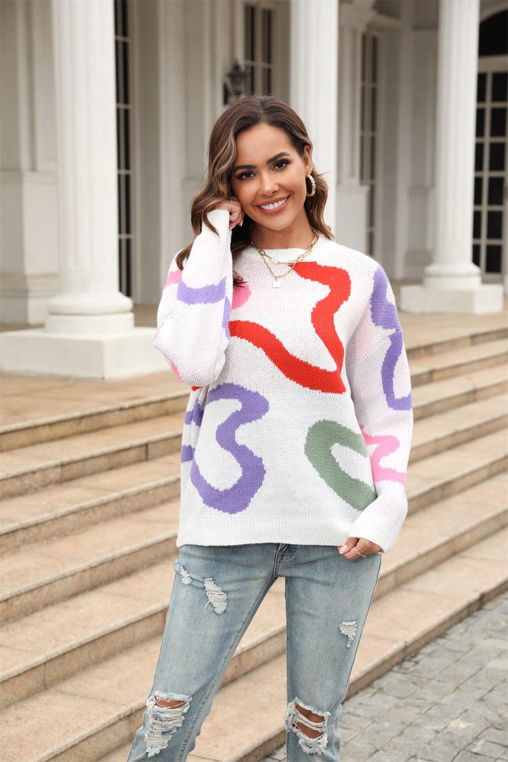 Printed Round Neck Dropped Shoulder Pullover Sweater BLUE ZONE PLANET