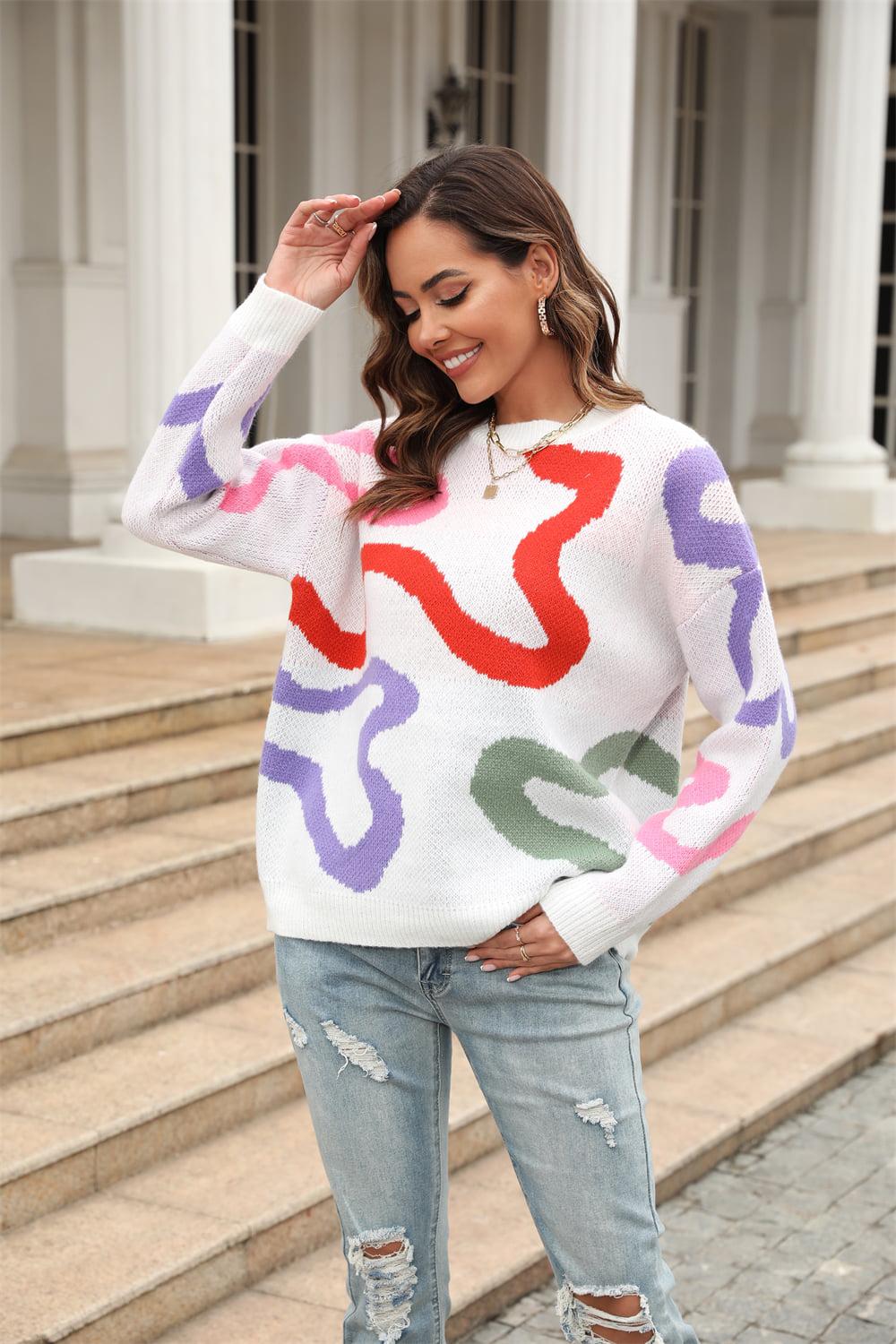 Printed Round Neck Dropped Shoulder Pullover Sweater BLUE ZONE PLANET