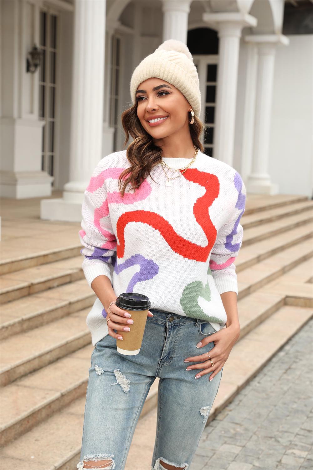 Printed Round Neck Dropped Shoulder Pullover Sweater BLUE ZONE PLANET
