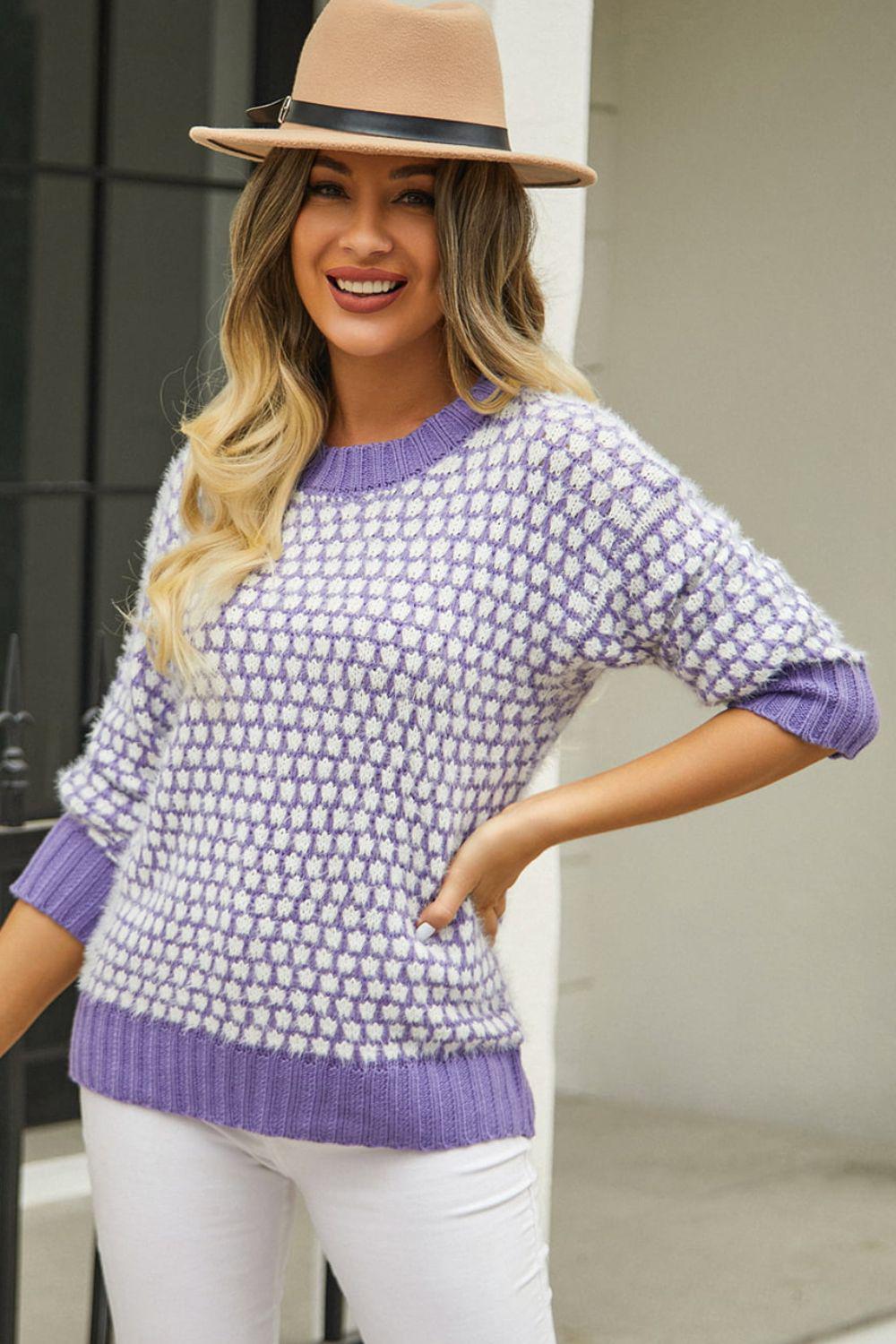 Printed Round Neck Dropped Shoulder Sweater BLUE ZONE PLANET