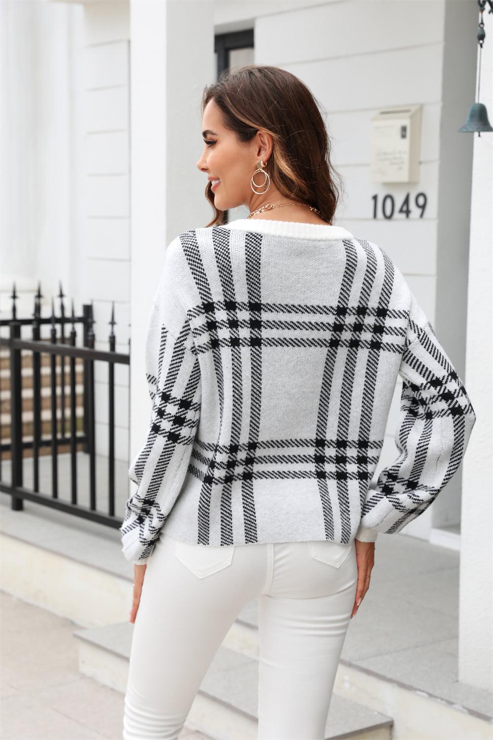 Printed Round Neck Dropped Shoulder Sweater BLUE ZONE PLANET