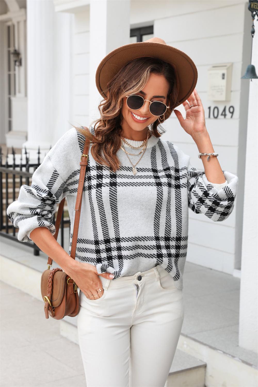 Printed Round Neck Dropped Shoulder Sweater BLUE ZONE PLANET