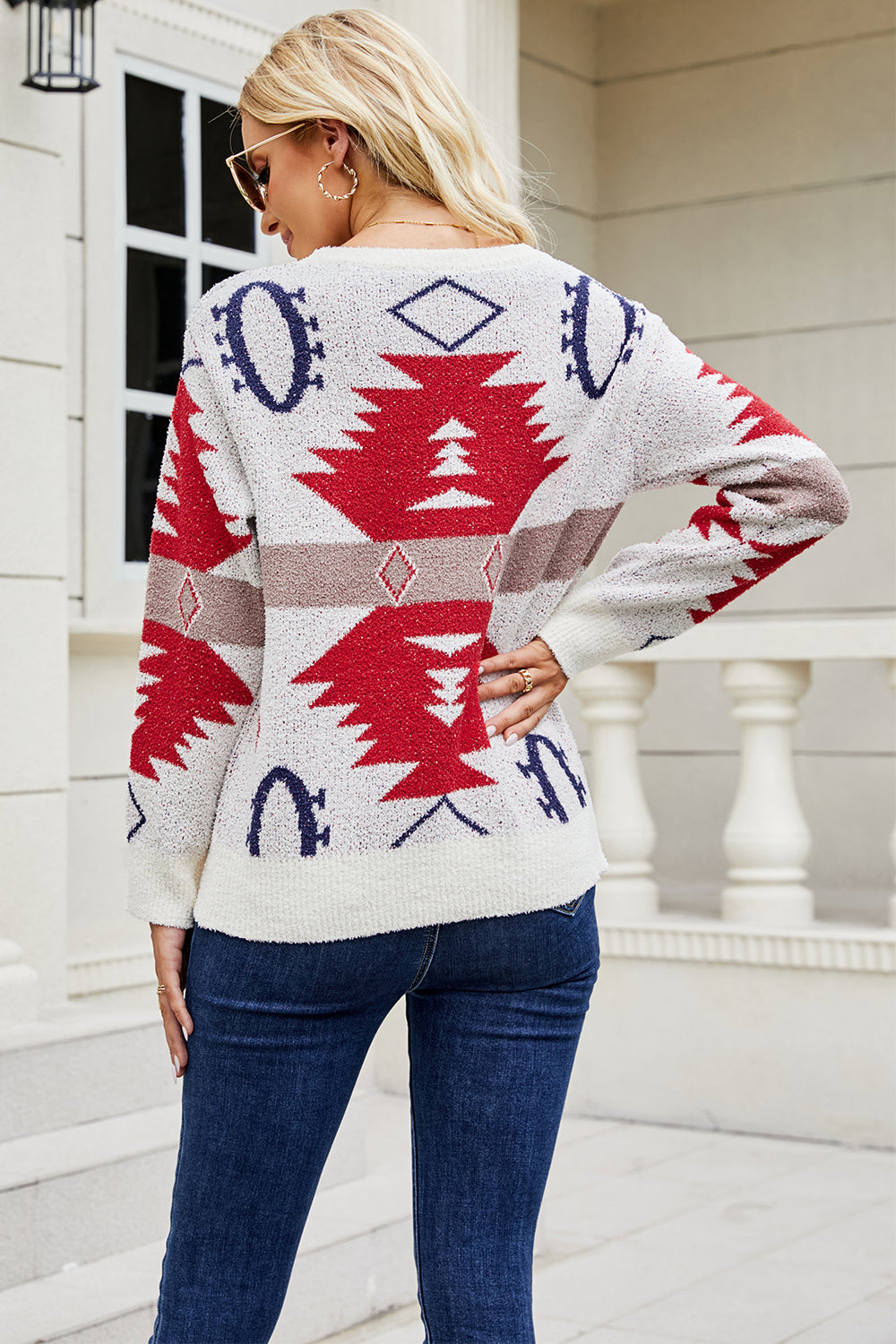Printed Round Neck Long Sleeve Sweater BLUE ZONE PLANET