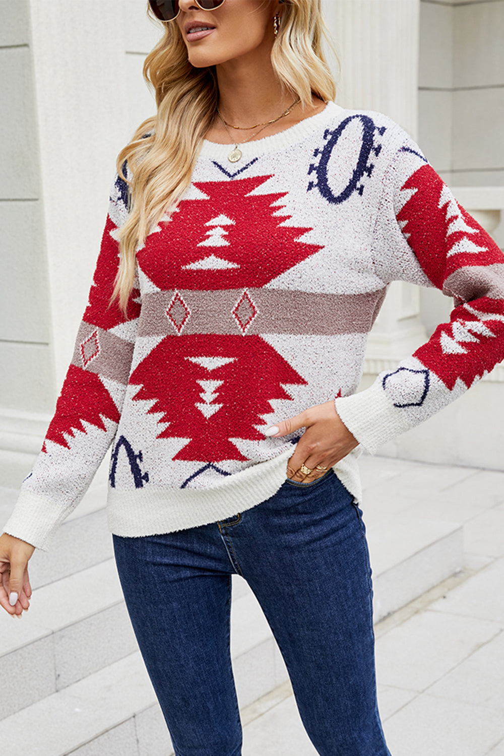 Printed Round Neck Long Sleeve Sweater BLUE ZONE PLANET
