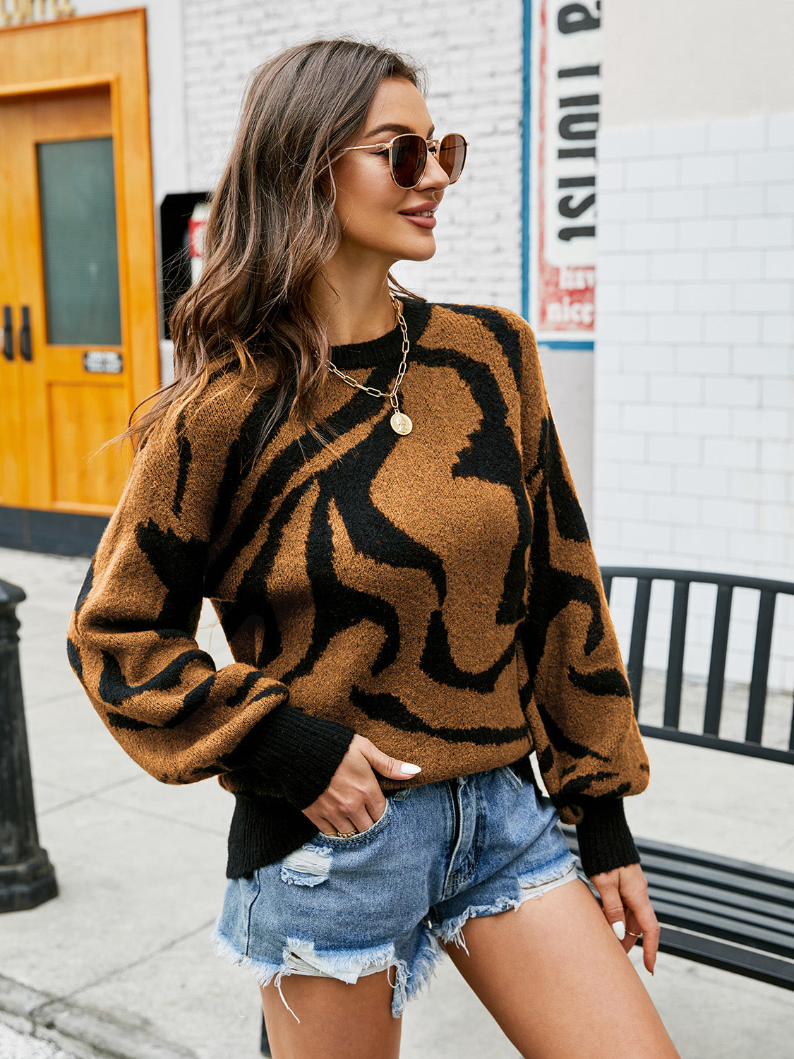 Printed Round Neck Long Sleeve Sweater BLUE ZONE PLANET