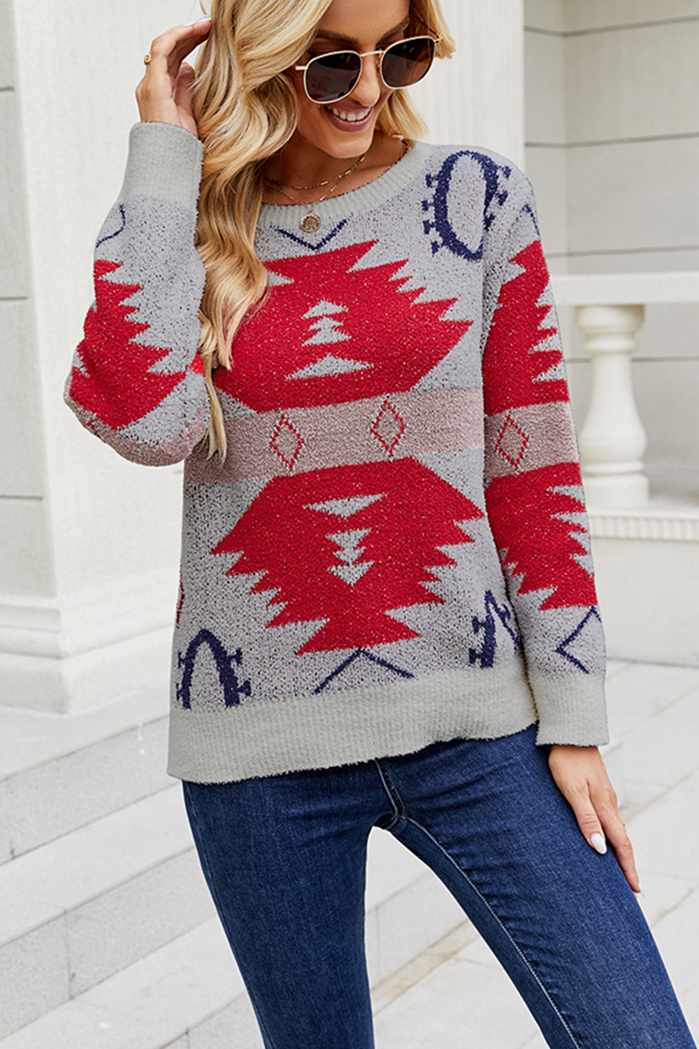 Printed Round Neck Long Sleeve Sweater BLUE ZONE PLANET