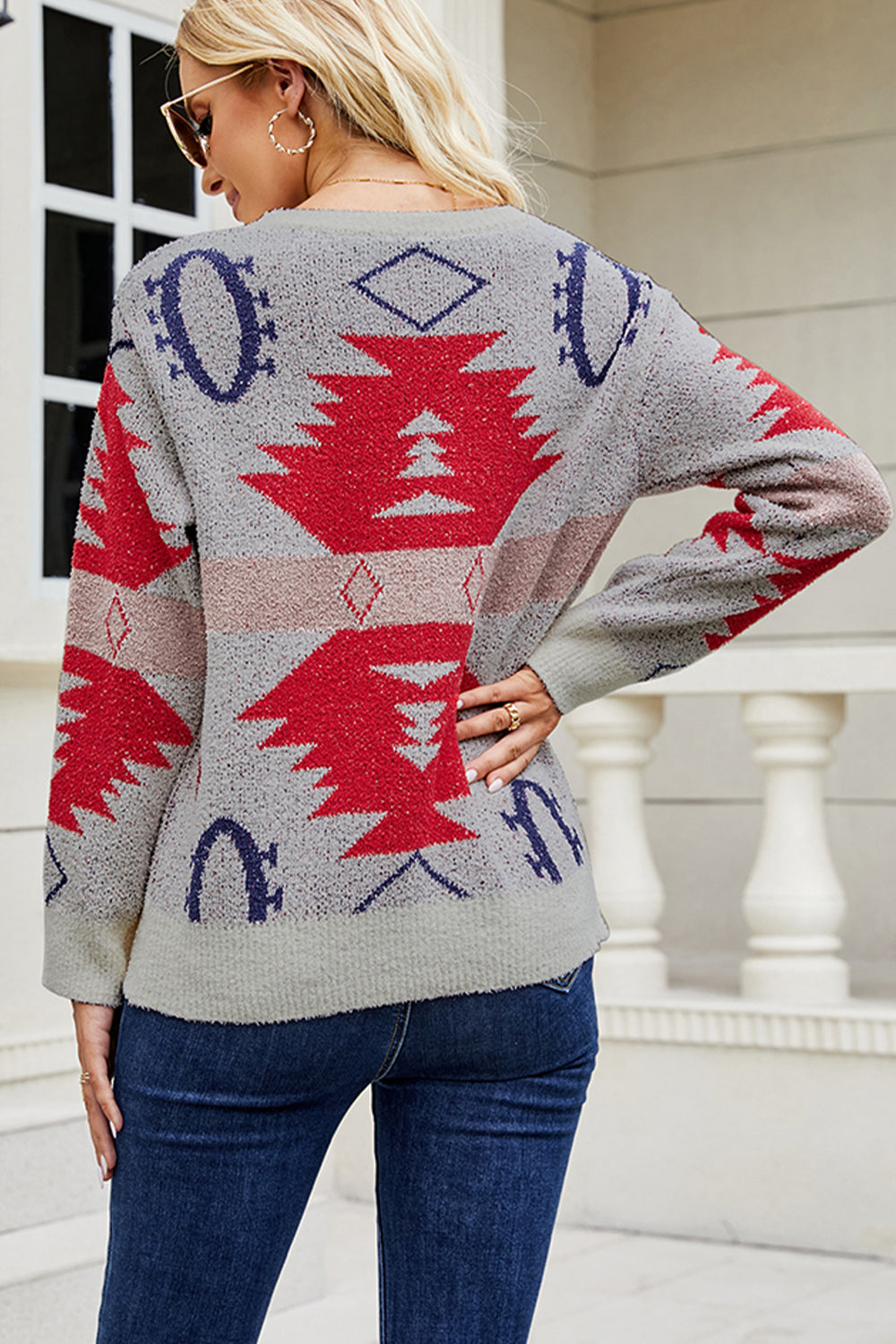 Printed Round Neck Long Sleeve Sweater BLUE ZONE PLANET