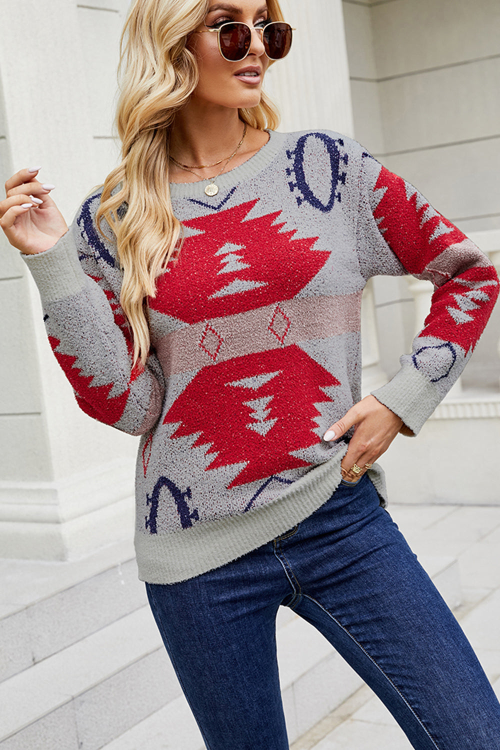 Printed Round Neck Long Sleeve Sweater BLUE ZONE PLANET