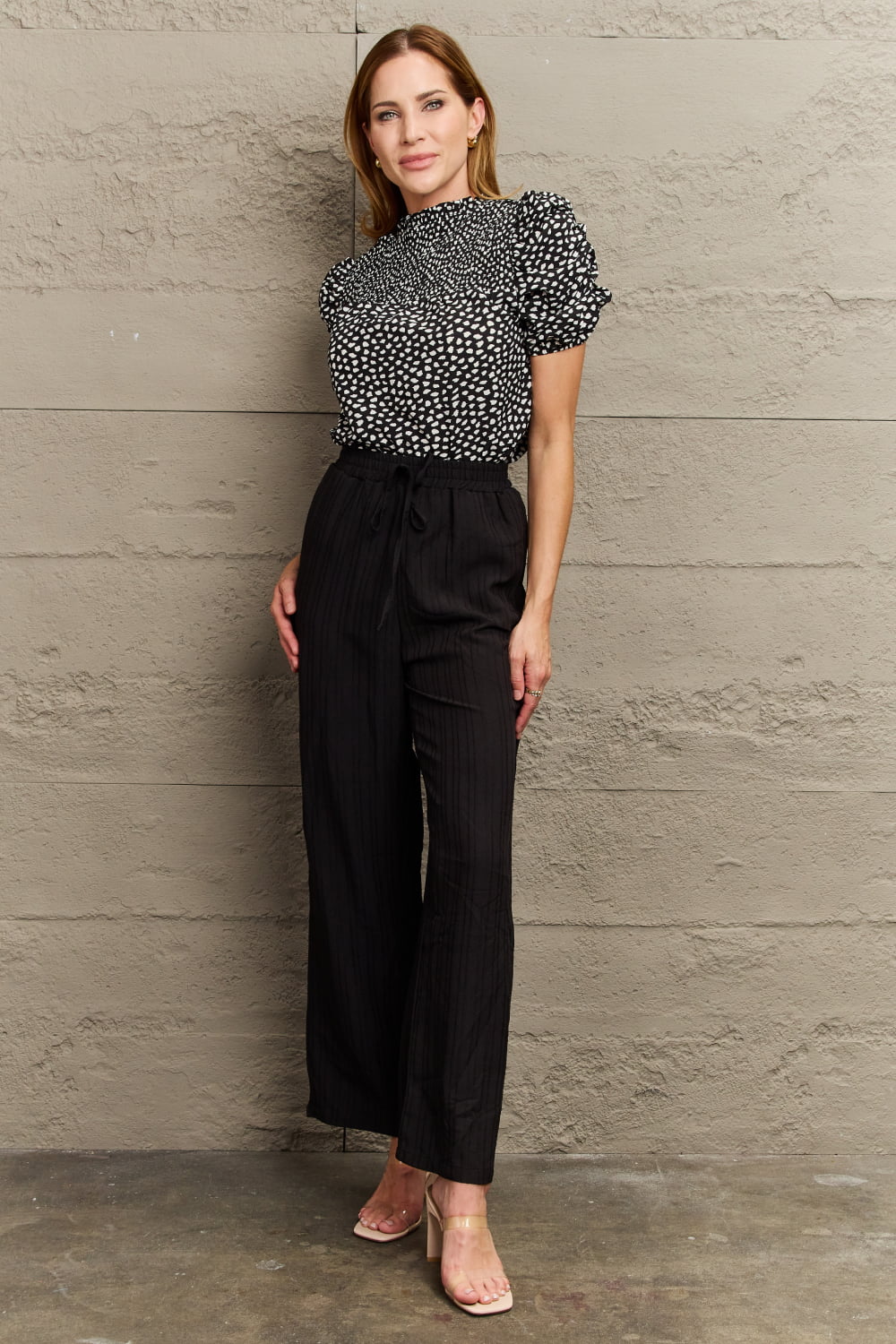 Printed Round Neck Puff Sleeve Blouse BLUE ZONE PLANET