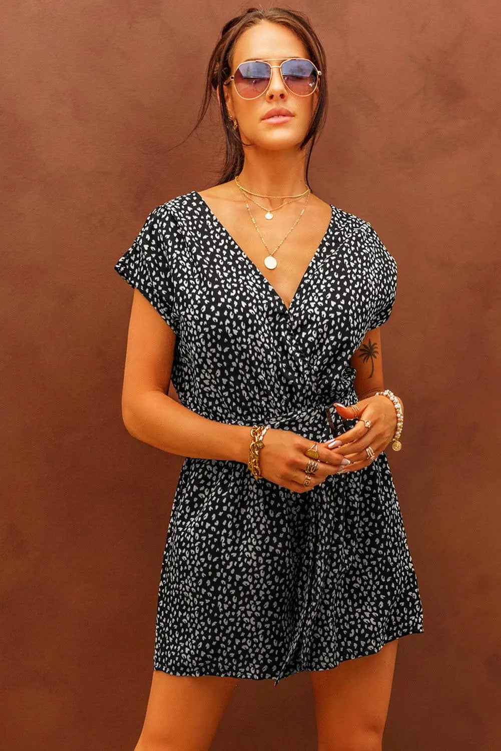 Printed Short Sleeve Romper with Belt BLUE ZONE PLANET