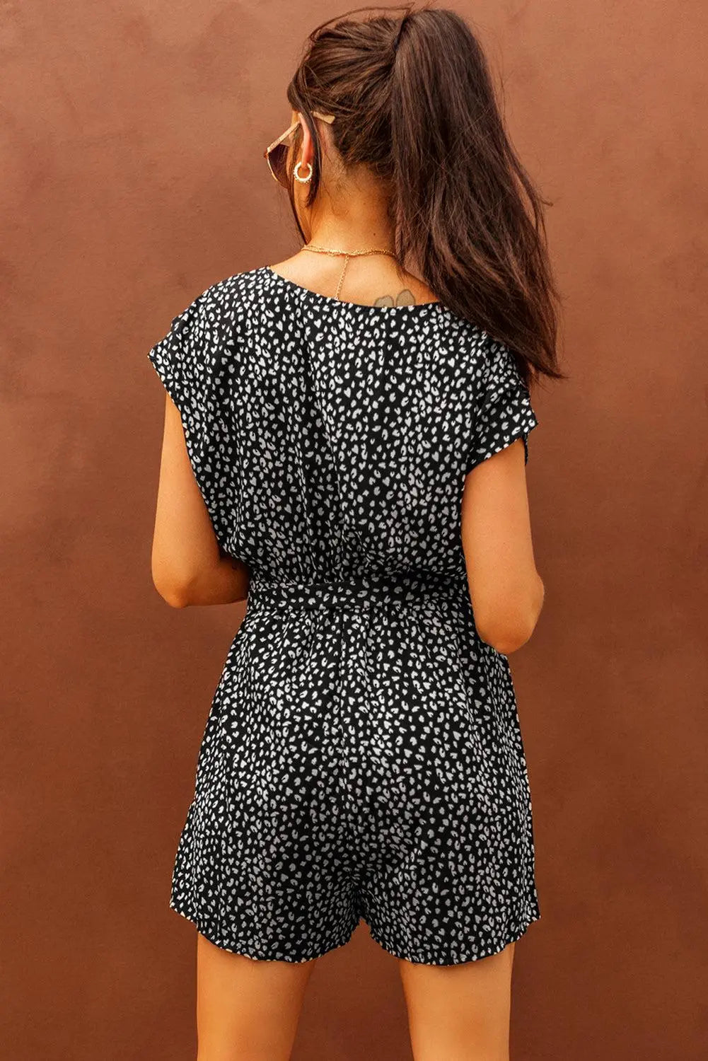 Printed Short Sleeve Romper with Belt BLUE ZONE PLANET