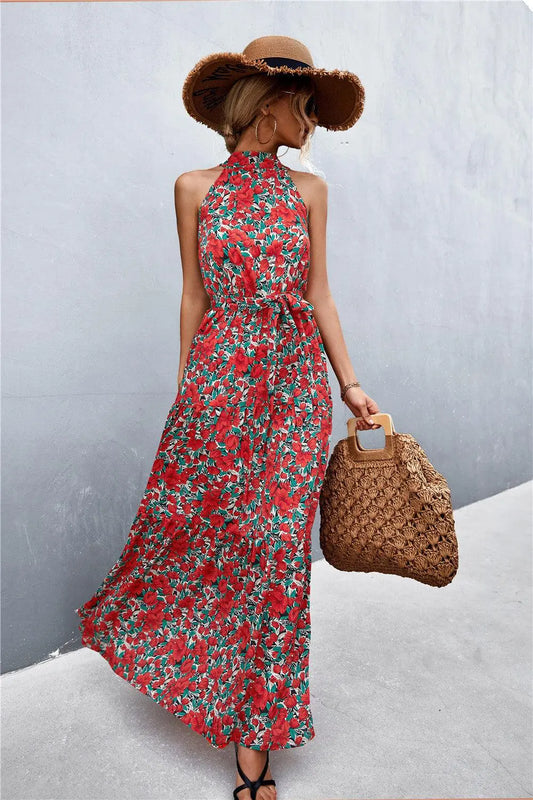 Printed Sleeveless Tie Waist Maxi Dress BLUE ZONE PLANET