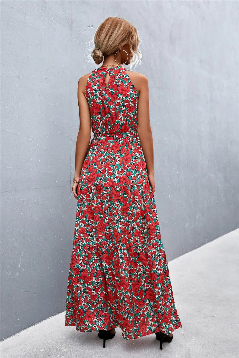 Printed Sleeveless Tie Waist Maxi Dress BLUE ZONE PLANET