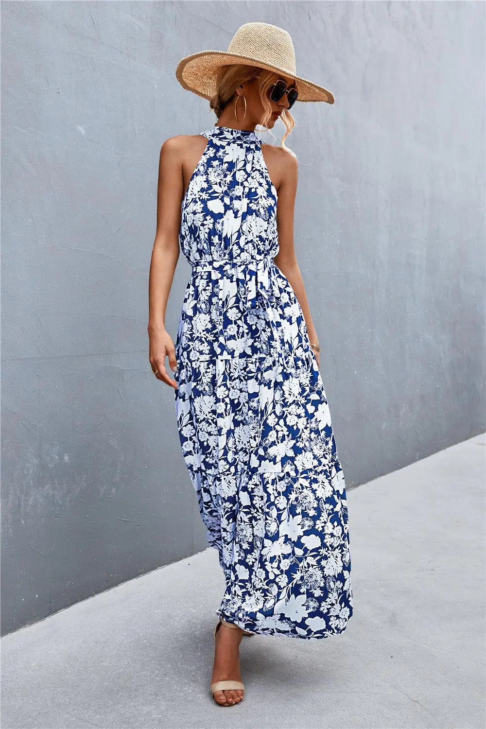 Printed Sleeveless Tie Waist Maxi Dress BLUE ZONE PLANET