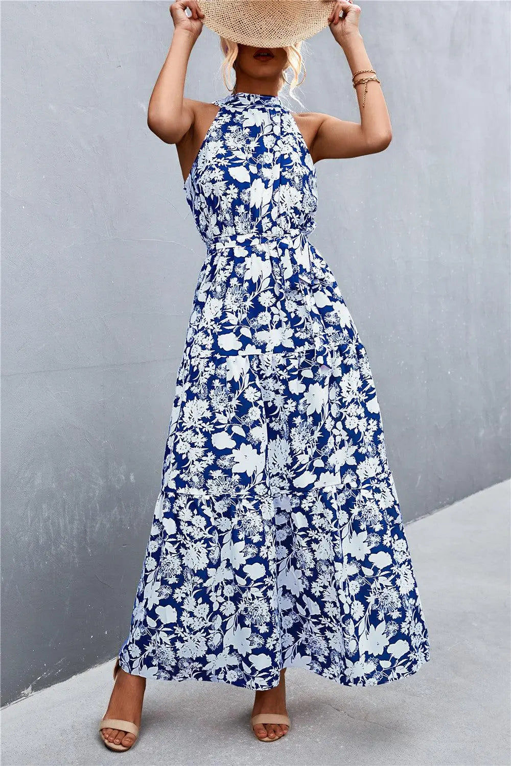 Printed Sleeveless Tie Waist Maxi Dress BLUE ZONE PLANET