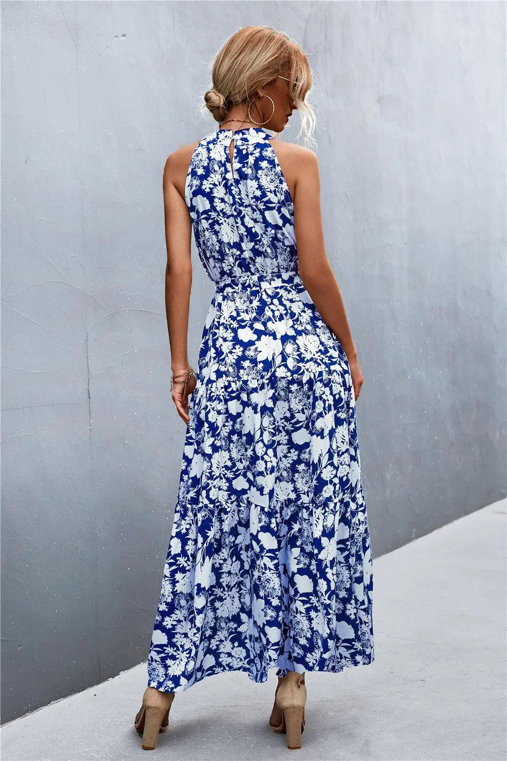 Printed Sleeveless Tie Waist Maxi Dress BLUE ZONE PLANET