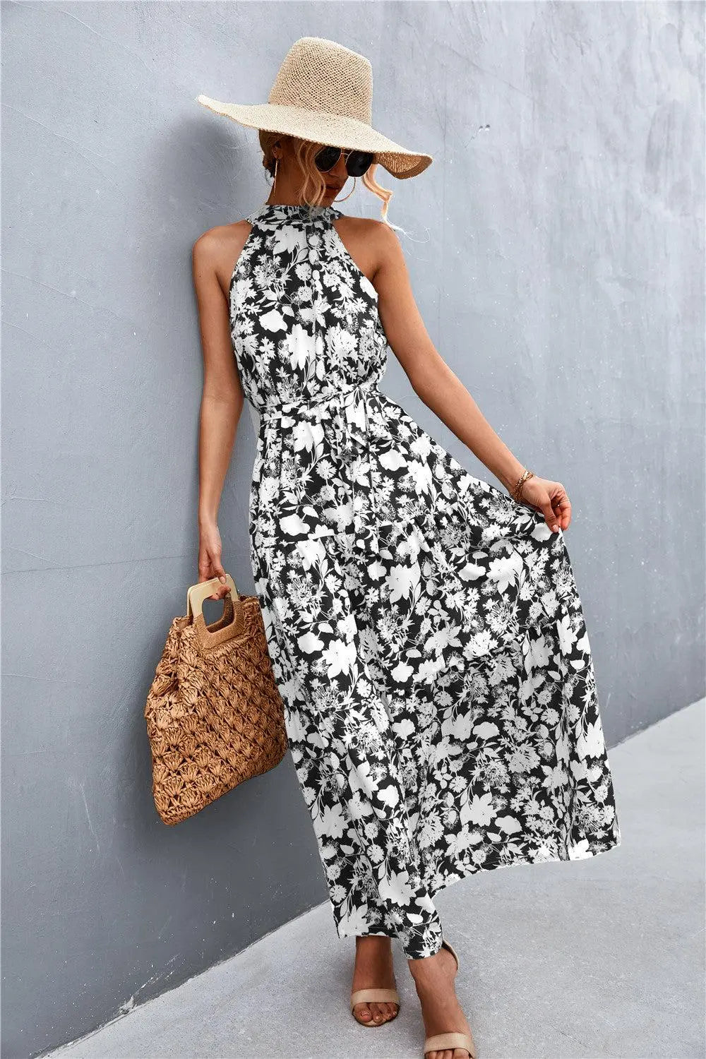 Printed Sleeveless Tie Waist Maxi Dress BLUE ZONE PLANET