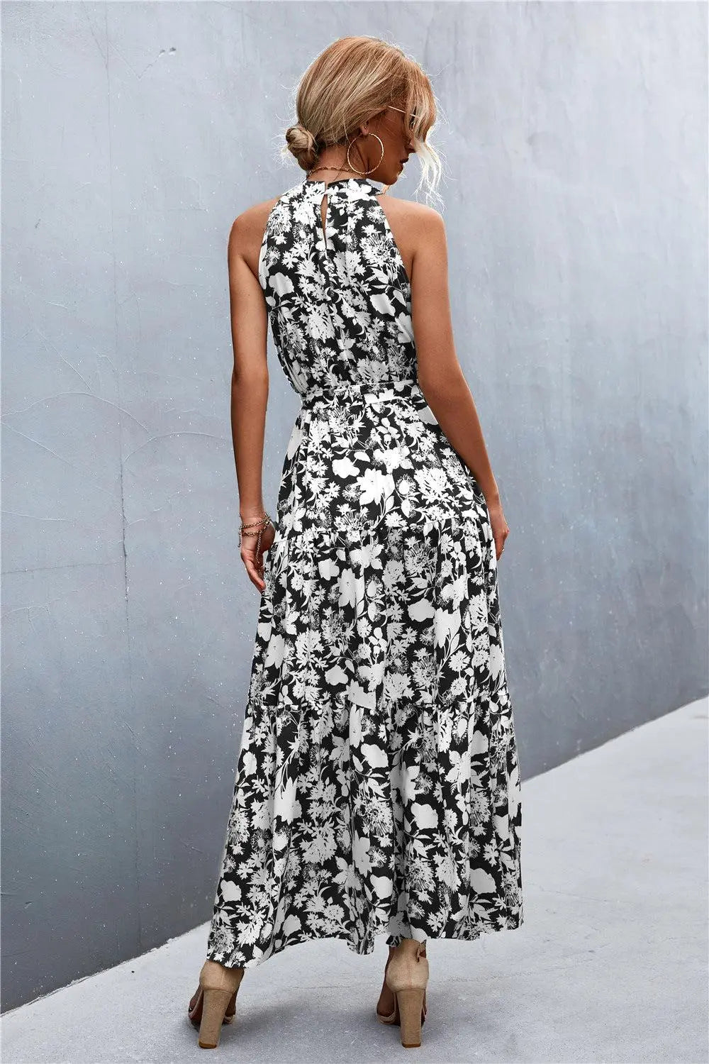 Printed Sleeveless Tie Waist Maxi Dress BLUE ZONE PLANET