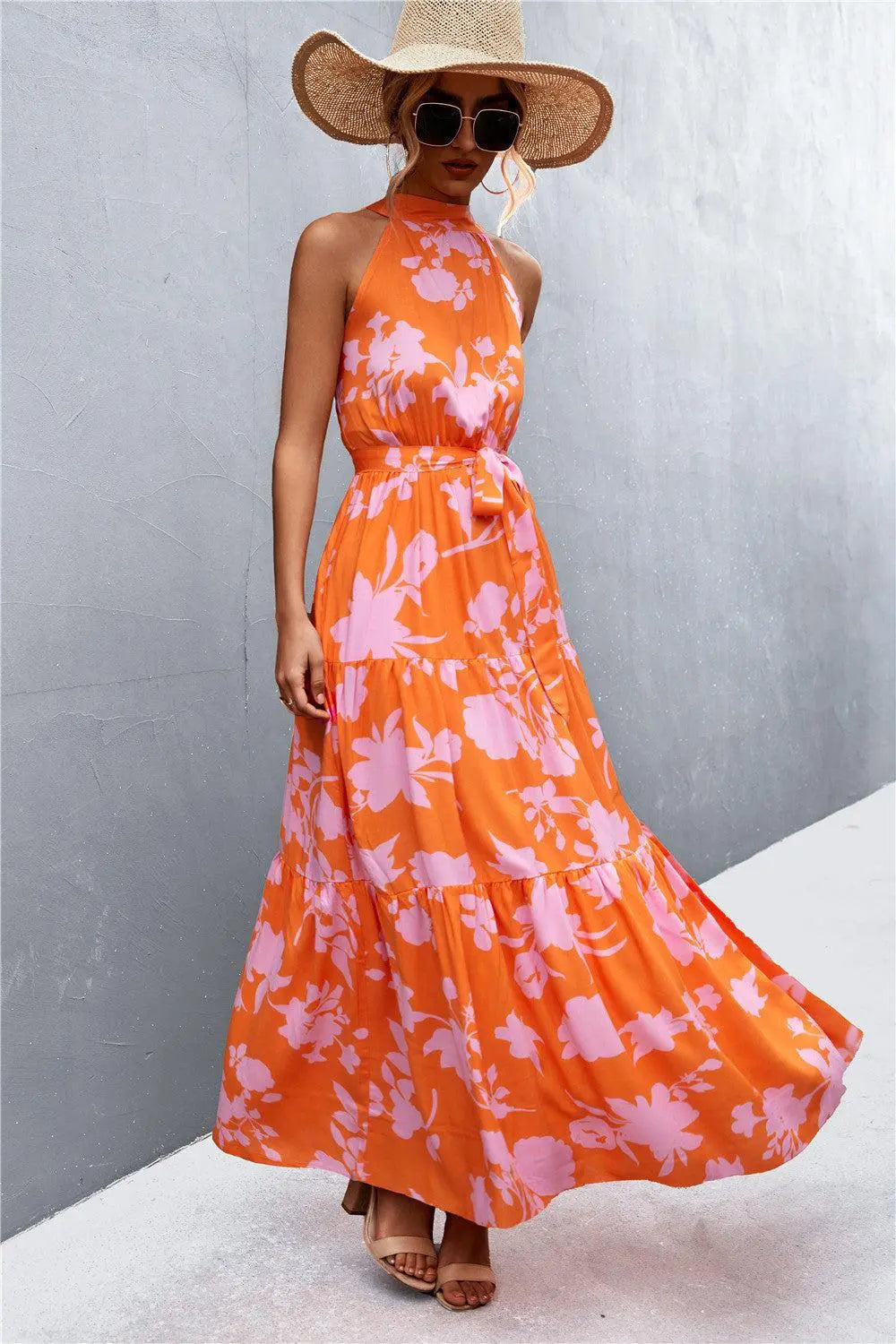 Printed Sleeveless Tie Waist Maxi Dress BLUE ZONE PLANET