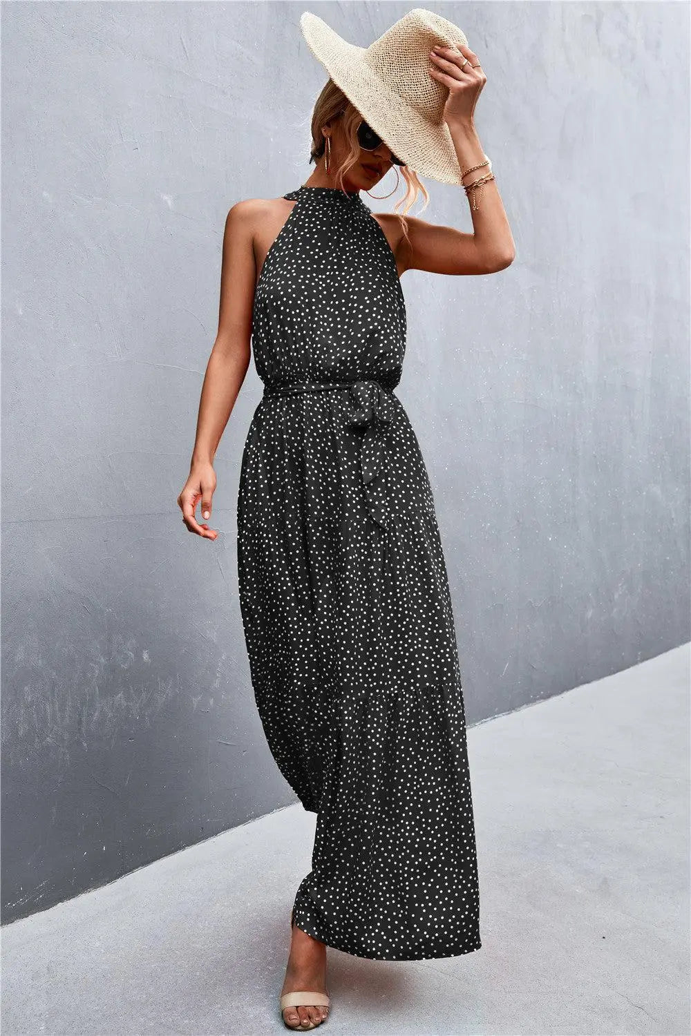 Printed Sleeveless Tie Waist Maxi Dress BLUE ZONE PLANET