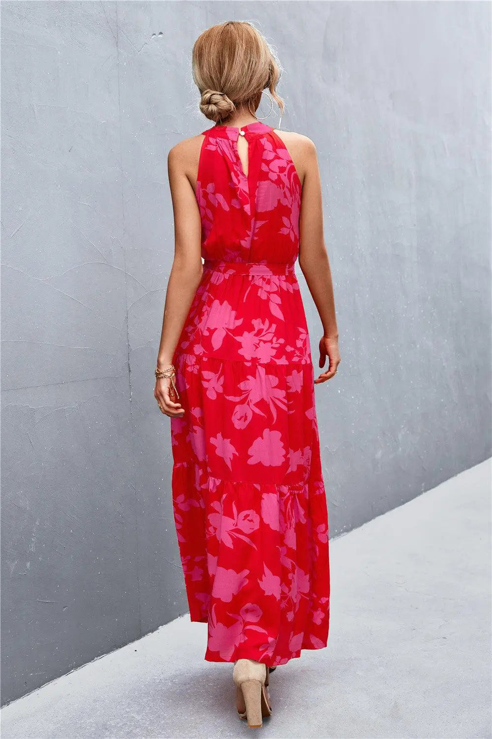 Printed Sleeveless Tie Waist Maxi Dress BLUE ZONE PLANET