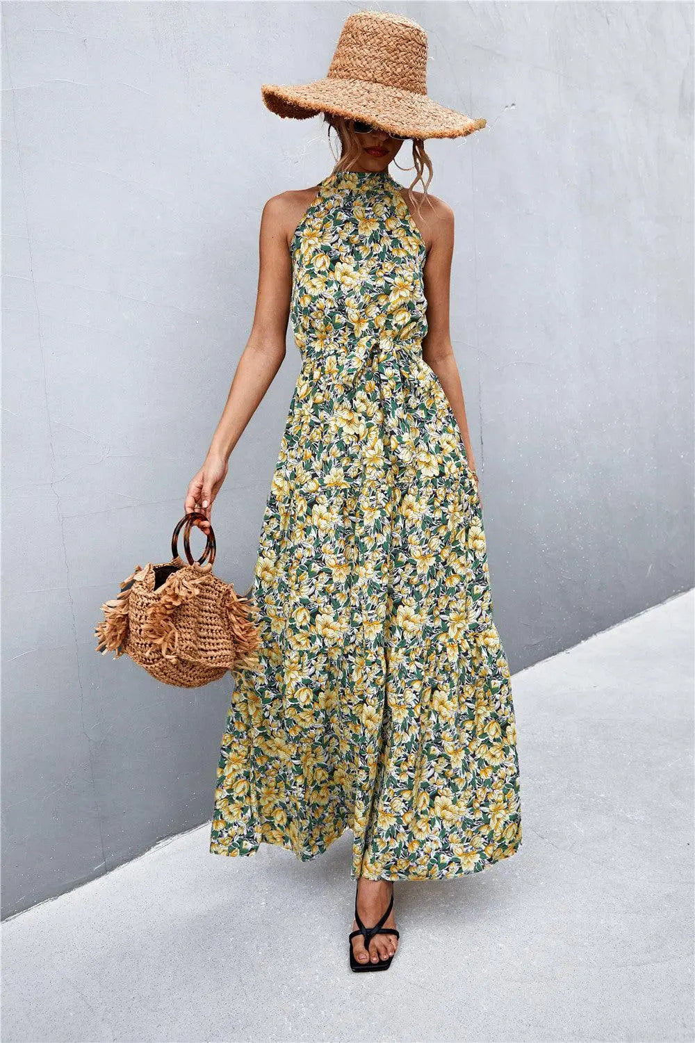 Printed Sleeveless Tie Waist Maxi Dress BLUE ZONE PLANET