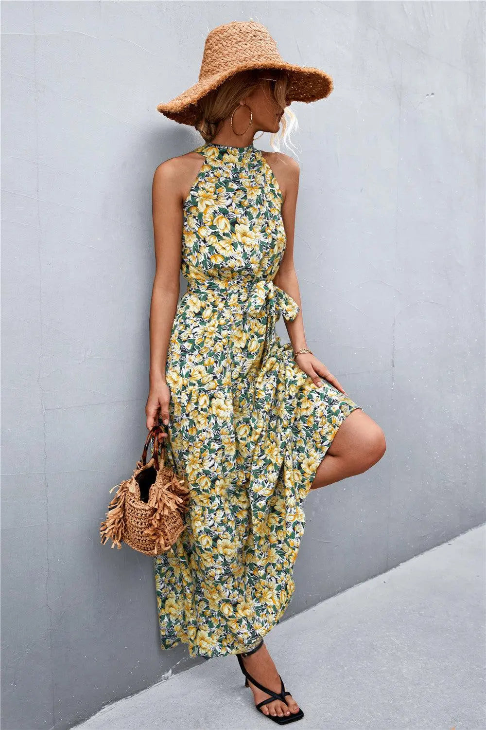 Printed Sleeveless Tie Waist Maxi Dress BLUE ZONE PLANET