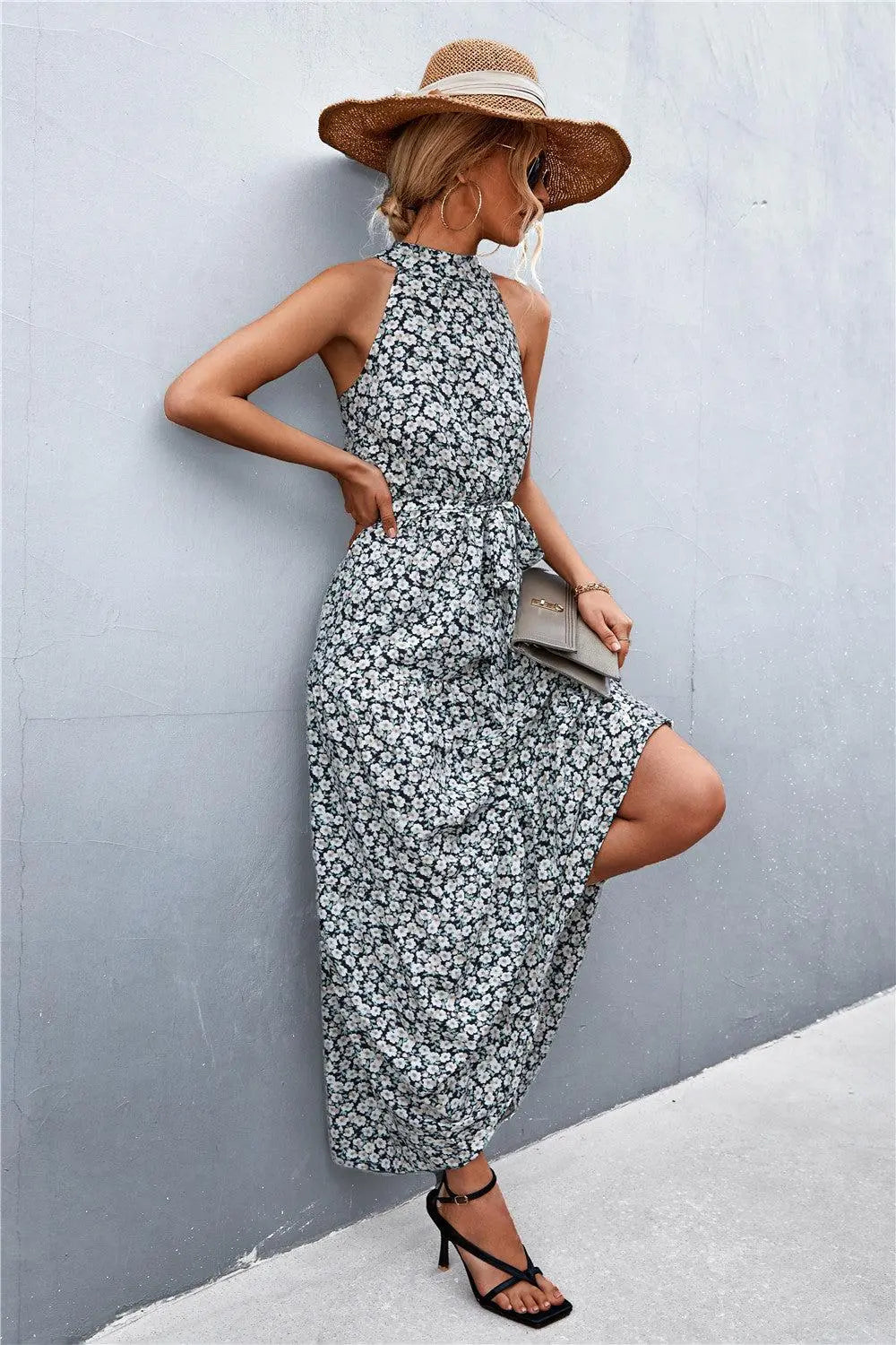 Printed Sleeveless Tie Waist Maxi Dress BLUE ZONE PLANET