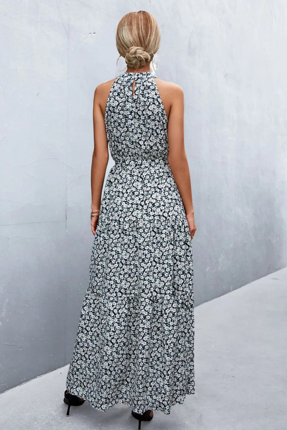 Printed Sleeveless Tie Waist Maxi Dress BLUE ZONE PLANET