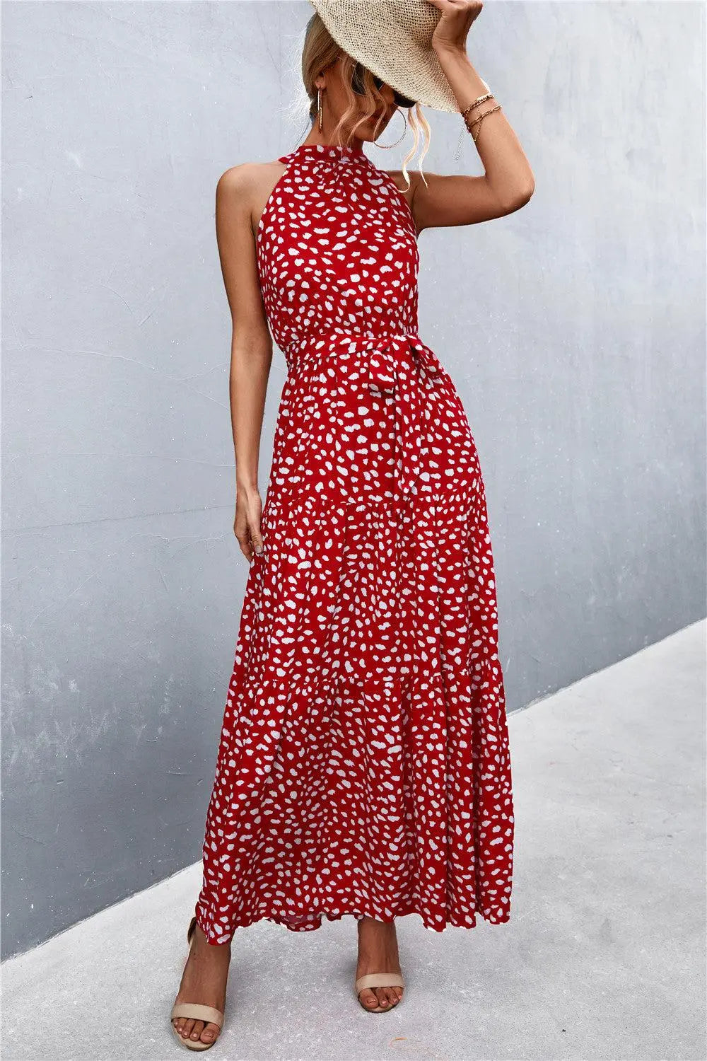 Printed Sleeveless Tie Waist Maxi Dress BLUE ZONE PLANET