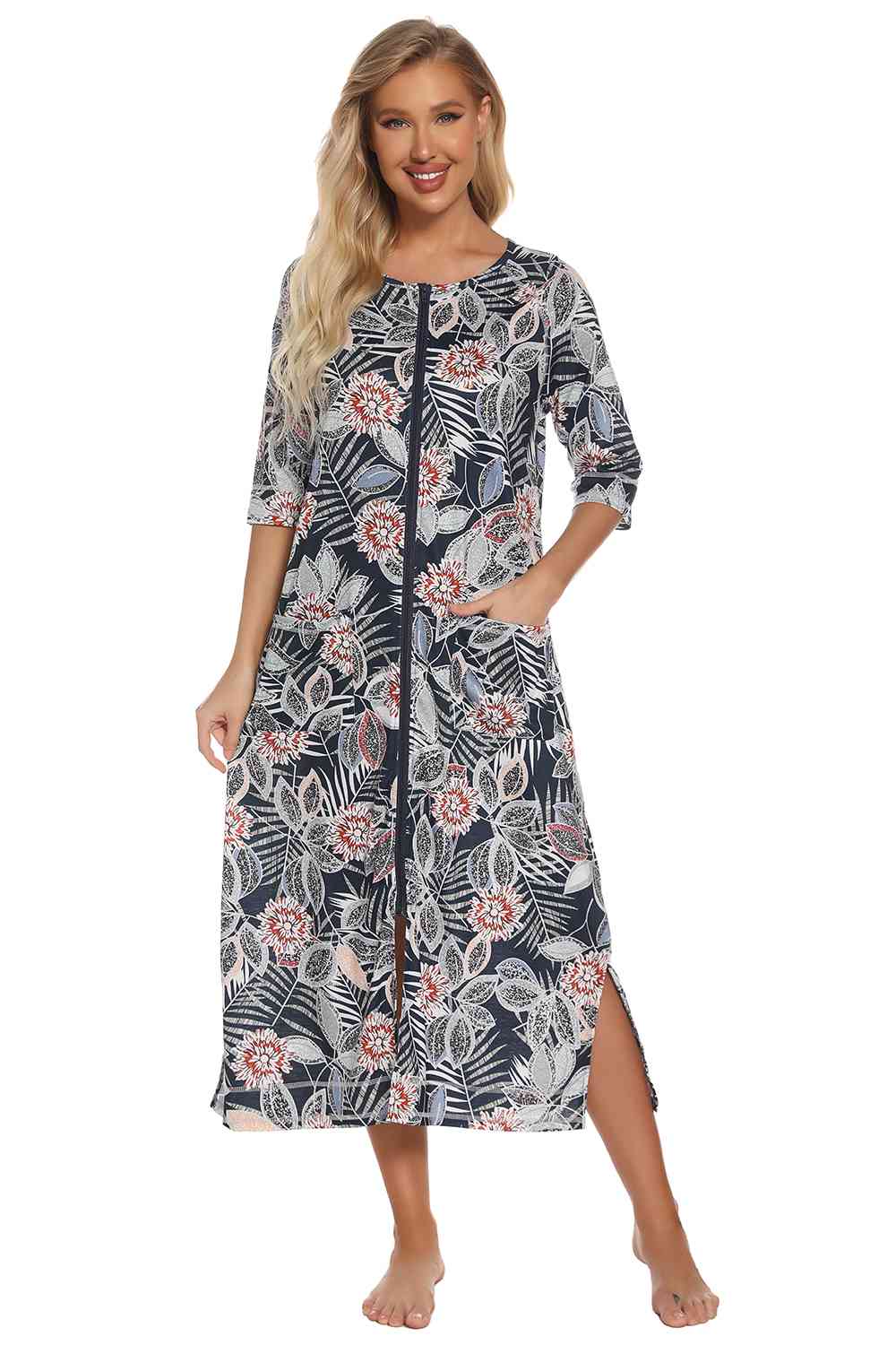 Printed Slit Night Dress with Pockets BLUE ZONE PLANET