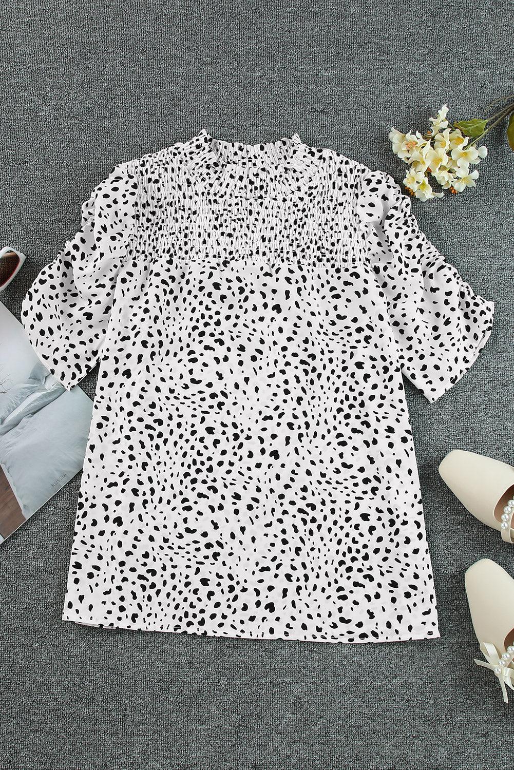 Printed Smocked Mock Neck Blouse BLUE ZONE PLANET